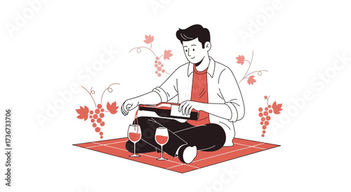 Person Enjoying Wine While Sitting on a Picnic at a Garden Beautiful Illustration