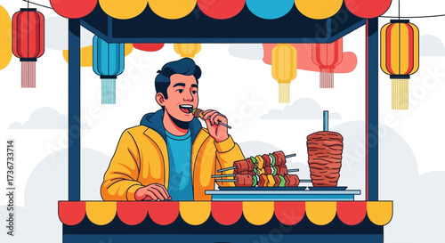Person Enjoying Street Food at a Colorful Stall with Lanterns and Delicious Skewers.