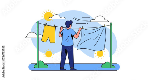 Person Hanging Clothes on a Clothesline in the Sun Illustrative Vector Design