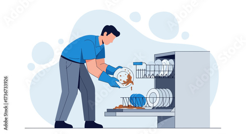 Person Loading Dishwasher, Preparing To Clean Dishes After A Meal, Domestic Chore