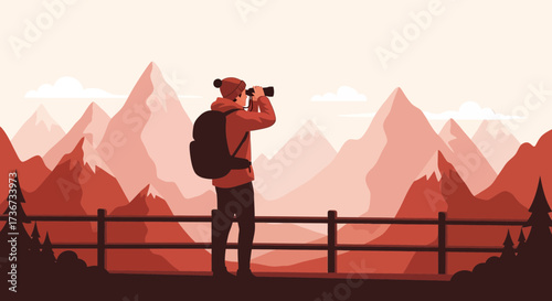 Person Observing Mountains with Binoculars Illustration Representing Travel And Outdoors