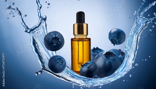 cosmetic bottle floating among blueberries and honey splash
