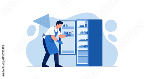 Person Opening A Blue Refrigerator To Inspect The Food Inside The Home Kitchen