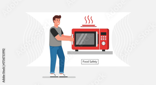 Person Opening Microwave Featuring Food Safety Illustration, Cookery Or Microwave Heating