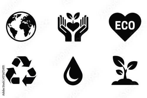 Collection of environmental icons including earth recycling water drop heart and growing plant for eco themes