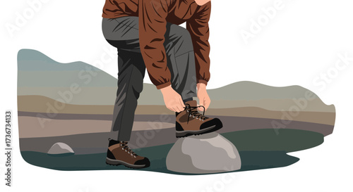 Person preparing for a hike by tying shoelaces outdoors on a rocky terrain