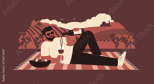 Man Relaxes Outdoors Wine Tasting Enjoying Vineyard View And Picnic Illustration