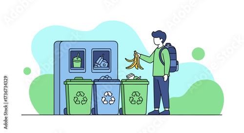 Person Recycling with Banana Peel at Garbage Bins Illustrating Environmental Protection