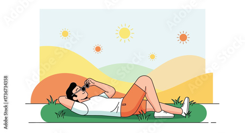 Person Relaxing Leisurely on a Grassy Hillside Under a Sunny Sky Observing Nature