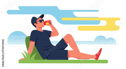 Person Relaxing Outdoors Drinking a Refreshing Beverage on a Sunny Day with Happiness