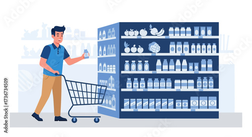 Person Shopping Groceries In The Supermarket, Choosing A Product, Shopping Cart Vector Illustration