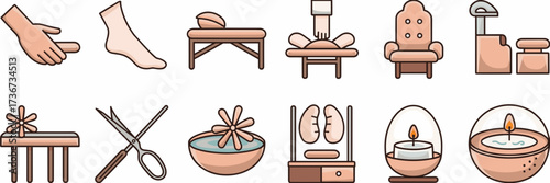 Vector icon sheet of massage, spa equipment, and wellness tools on white background