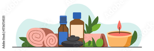 Vector illustration of massage clinic icons with bed, oils, stones, and candle