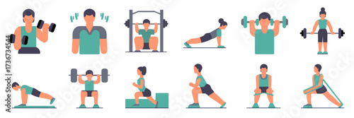 Vector icon sheet of physical therapy exercises with dumbbells, barbell, and bands