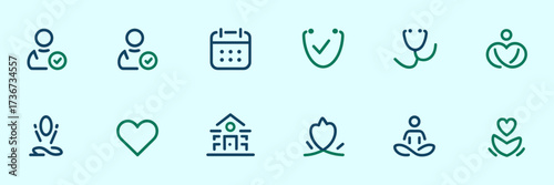 Vector icon sheet with person health check calendar clinic logo and wellness icons – Great for medical branding and wellness marketing