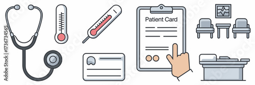 Vector icon sheet with stethoscope thermometer clipboard patient card waiting room chairs and exam table – Perfect for medical branding and clinic design