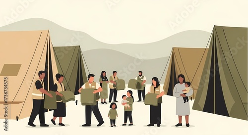 Humanitarian aid distribution in a refugee camp vector illustration