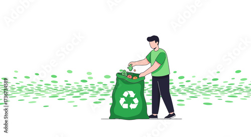 Person Sorting Biodegradable Waste into a Recycling Bag with a Verdant Backdrop Image