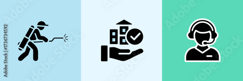 Vector icon sheet with exterminator checkmark and support headset