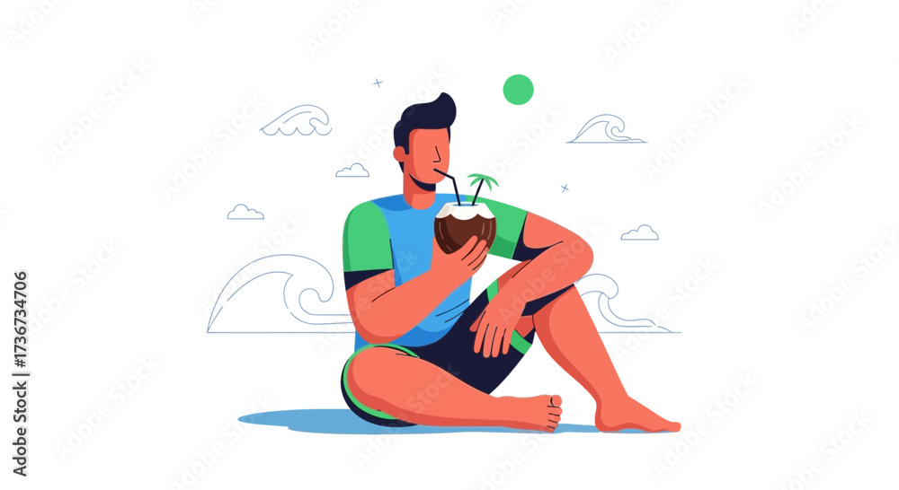 Fototapeta premium Man Relaxing Enjoying Coconut Drink At The Beach Illustrative Vector Cartoon Summer Day