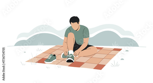 Person Tying Shoelaces Outdoors on Picnic Blanket Preparing for a Morning Run or Walk