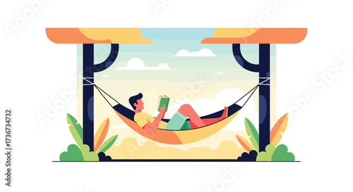 Man relaxing in a hammock reading a book in a simple and colorful illustration
