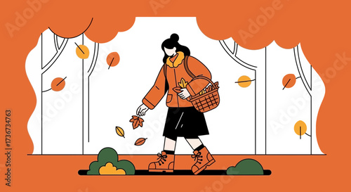 Person Walking in a Forest in Autumn Picking Up Leaves, Fall Season Illustration