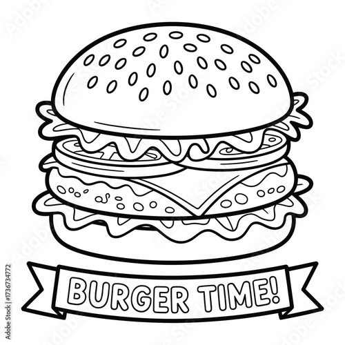 Delicious double cheeseburger with burger time banner coloring page