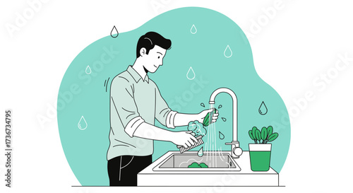 Person Washing Vegetables at Kitchen Sink with Illustration Style and Artistic Cleanliness