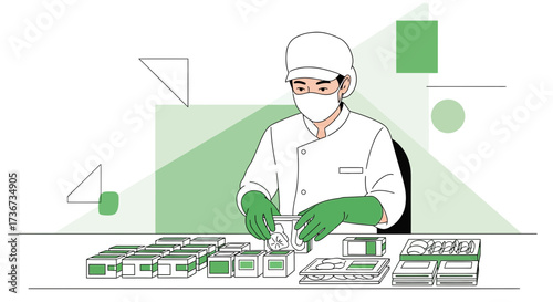 Person Working In Food Packing Process With Medical Mask And Work Gloves