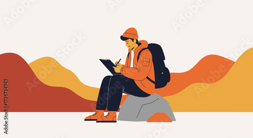 Person Writing in Nature, Hiking Illustration, Modern Outdoor Recreation Concept Art