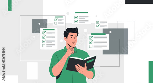 Man Analyzing Documents and Plans, Evaluating Options and Strategizing for Success
