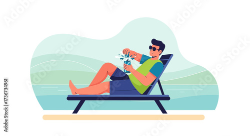 Man relaxing on beach chair enjoying cocktail on vacation in vibrant illustration