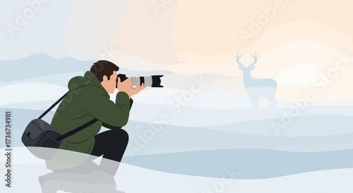 Photographer Capturing Deer in a Snowy Landscape with a Camera at Sunset in Winter