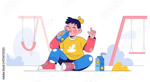Playful Child Enjoying Drink at Park Depicted in Delightful Vector Illustration