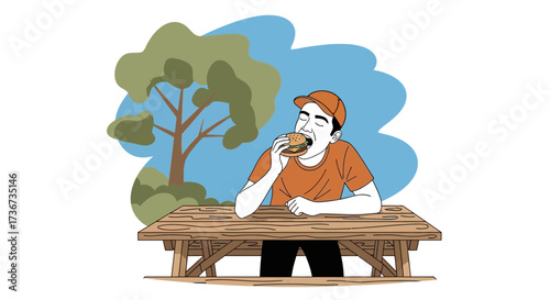 Pleasant Picnic Lunchtime: Man Enjoying A Delicious Burger At A Wooden Table