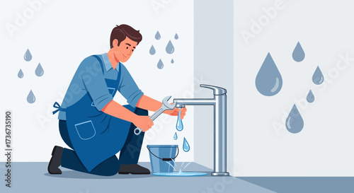 Plumber fixing a leaky faucet with a wrench, water drops flowing, plumbing illustration