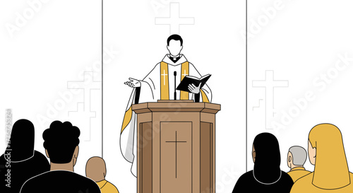 Preacher delivering a sermon in a graphic minimalistic style for a religious congregation
