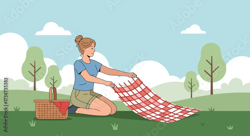 Preparing a Picnic: A Woman Unfolds a Blanket on a Sunny Day in the Park