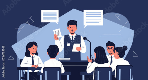 Presentation Dynamics: A Team Meeting Featuring A Leader Speaking and Audience Members Listening