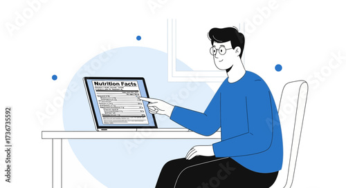 Man Analyzing Nutritional Information On Laptop: Healthy Diet Concepts And Informed Choices