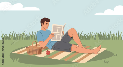 Man Relaxing Reading Newspaper During A Pleasant Day At The Park Enjoying The Outside