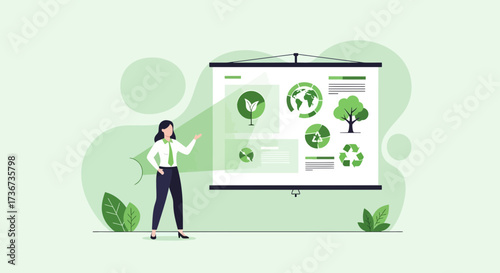 Presentation on environmental protection with a woman explaining the concepts of sustainability