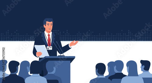 Presenter Addressing Audience At A Conference: Public Speaker Giving A Speech Or Lecture