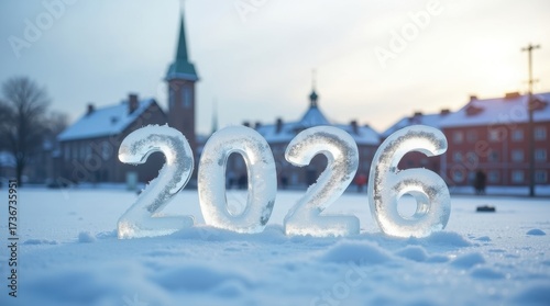 Ice sculpture of the year 2026 in a snowy european city square