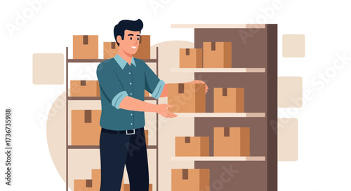 Man Arranging Boxes On Shelves In A Warehouse Or Storage Room Illustration