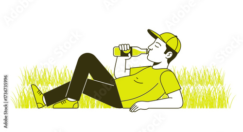Man Relaxing Outdoors While Drinking from a Bottle of Beer