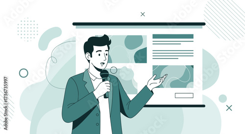 Presenter Explaining Information Before a Screen, Delivering a Public Presentation in Vector Style