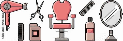 Vector icon sheet of hair salon tools and chair arranged in circle on white background