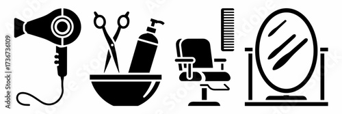 Vector icon sheet of hair salon tools with items placed on chair, bowl, and mirror